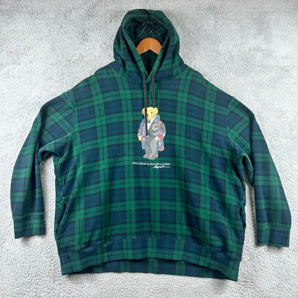 Polo Ralph Lauren Polo Bear Mens Hoodie 3XB Green Blackwatch Tartan Plaid Fleece